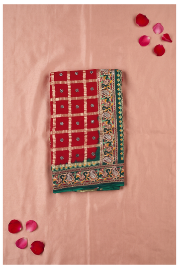 Elegant Red And Green Georgette Saree With Gold Checkered Pattern And Intricate Paisley Embroidered Border
