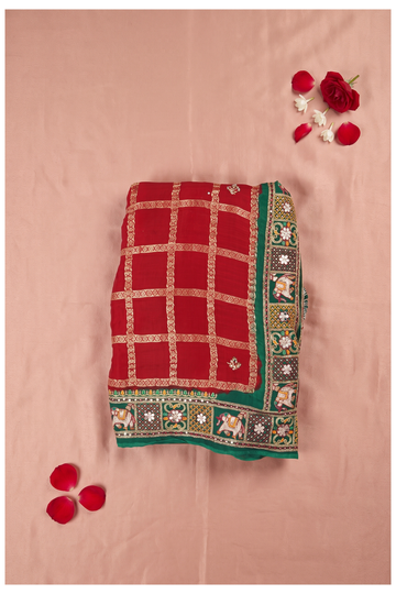 Elegant Red Georgette Saree With Zari Grid Patterns And Embroidered Green Border