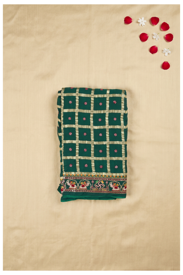 Elegant Emerald Green Georgette Saree With Gold Zari Checks And Traditional Embroidered Border
