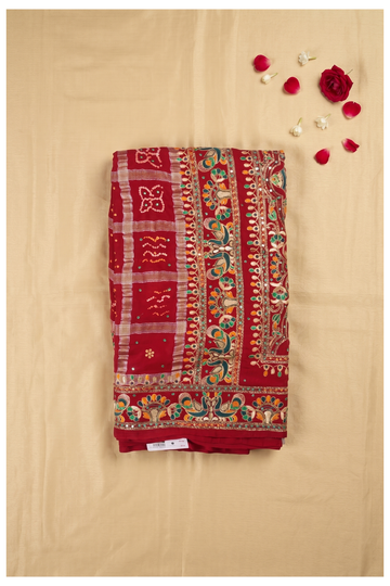 Royal Crimson Red Georgette Saree With Exquisite Resham Embroidery And Gota Patti Border