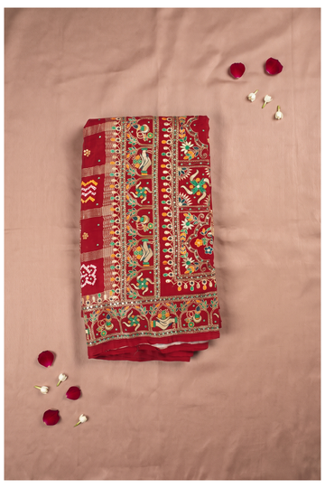 Traditional Red Georgette Saree With Exquisite Gujarati Folk Embroidery And Bandhani Patterns