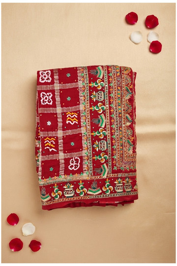 Elegant Red Georgette Bandhani Saree With Traditional Kalash And Swastika Embroidered Borders