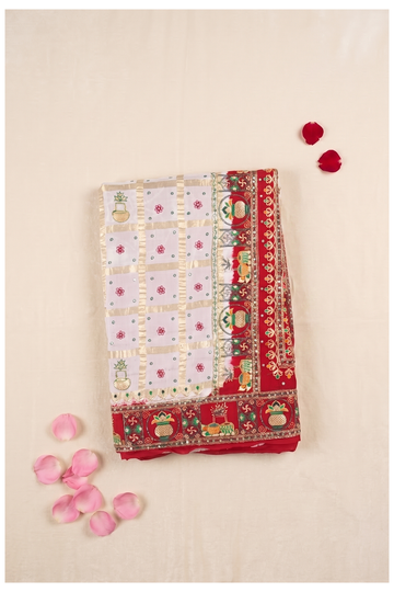 Elegant White And Red Georgette Saree With Traditional Kalash Embroidery And Golden Zari Grid