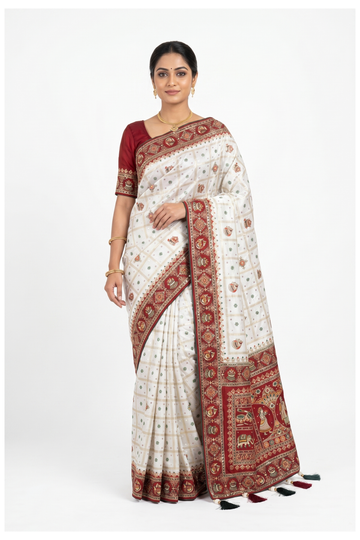 Off-White Gharchola Art Silk Wedding Party Saree With Maroon Border