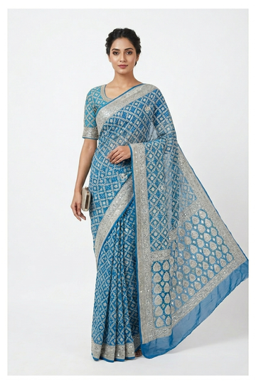 Teal Blue Gorgette Banarasi Bandhni Wedding Saree