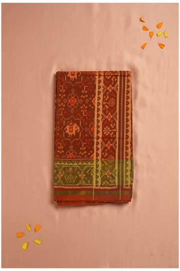 Traditional Brown Patola Silk Saree With Heritage Ikat Motifs & Olive Border