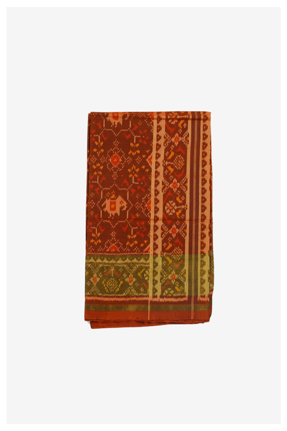 Traditional Brown Patola Silk Saree With Heritage Ikat Motifs & Olive Border