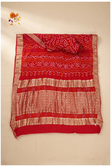Scarlet Red Bandhni Dola Silk Wedding Party Wear Saree