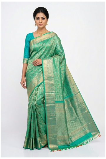 Emerald Green Pure Silk South Saree For Wedding & Party