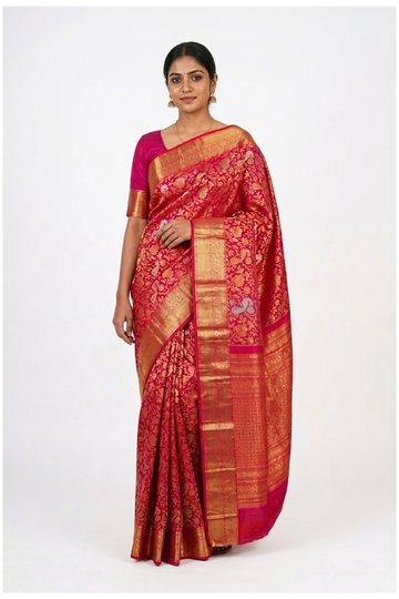 Rani Pink Pure Silk South Saree For Wedding & Party Wear