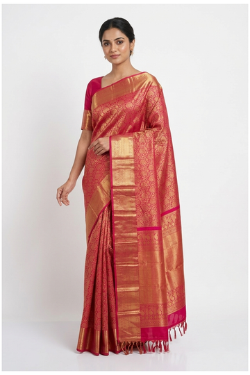 Rani Pink Pure Silk South Saree For Weddings & Parties