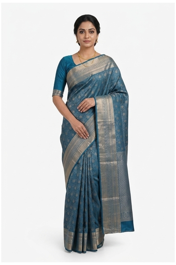 Teal Pure Silk South Saree For Weddings & Parties