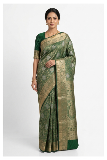 Bottle Green Pure Silk South Saree For Wedding & Party Wear