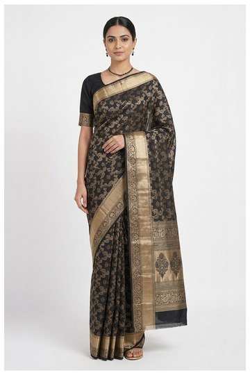 Black South Silk Saree With Jaal Weaving