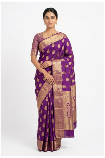 Royal Purple Pure Silk South Saree For Wedding & Party Wear
