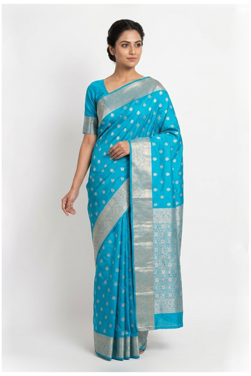 Cerulean Blue Pure Silk South Saree For Wedding & Party Wear