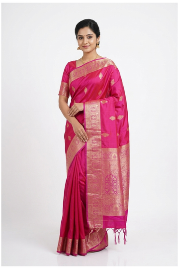 Rani Pink Pure Silk South Saree For Wedding & Party Wear