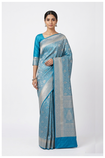 Blue  South Silk Saree With Jaal Weaving