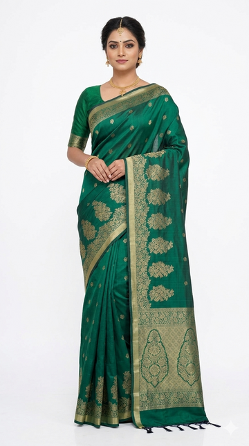 Pomona Green Pure Banarasi Silk Saree With Gold Zari Butta Weaving