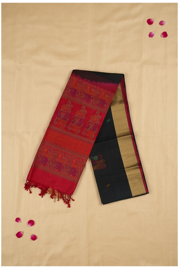 Elegant Black & Crimson Pure Silk Saree With Traditional Peacock Woven Pallu