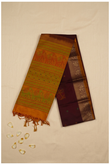 Traditional Mustard & Maroon Pure Silk Saree With Elephant Zari Woven Border