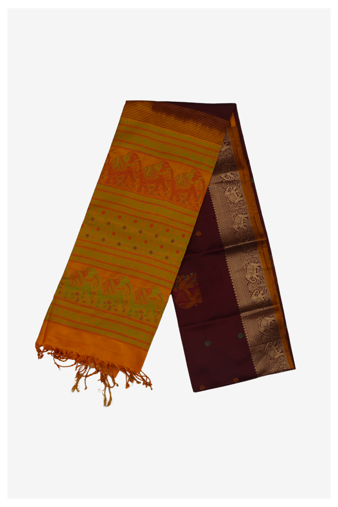 Traditional Mustard & Maroon Pure Silk Saree With Elephant Zari Woven Border