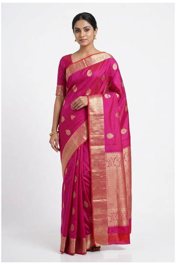 Rani Pink Pure Silk South Saree For Weddings & Parties