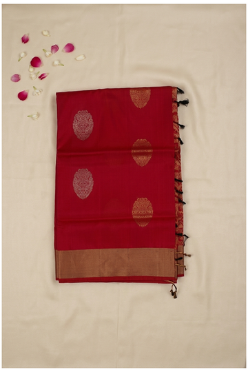 Elegant Red Pure Silk Saree With Gold Floral Butta & Zari Border