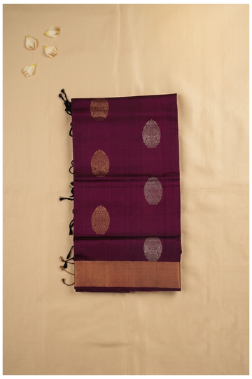 Elegant Wine Purple Pure Silk Saree With Antique Gold Floral Butta & Zari Border