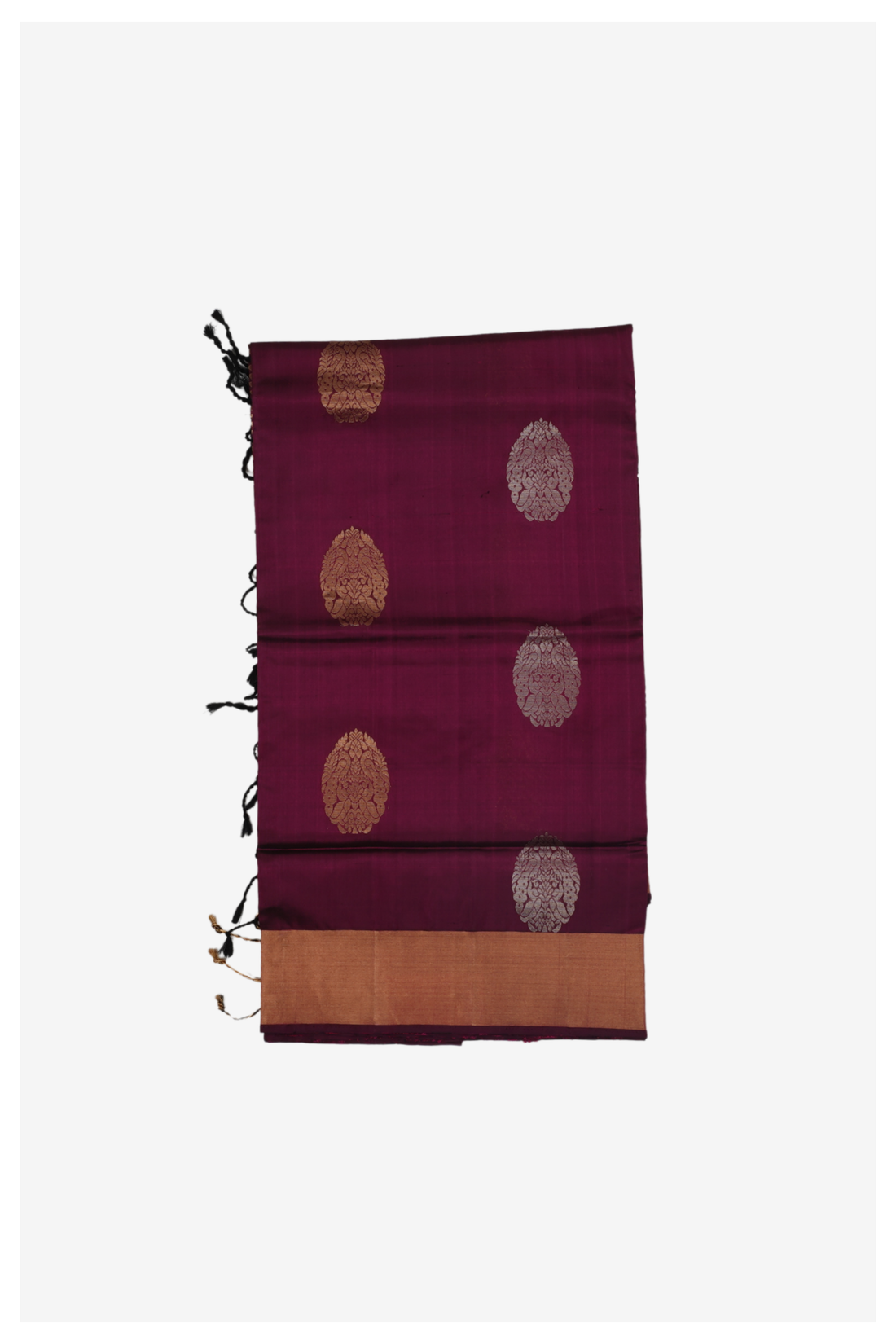 Elegant Wine Purple Pure Silk Saree With Antique Gold Floral Butta & Zari Border