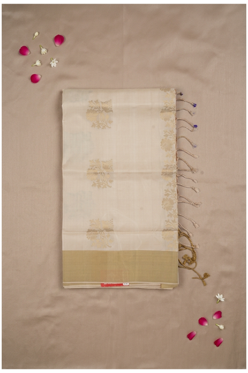 Elegant Ivory Pure Silk Saree With Floral Butta & Gold Zari Border
