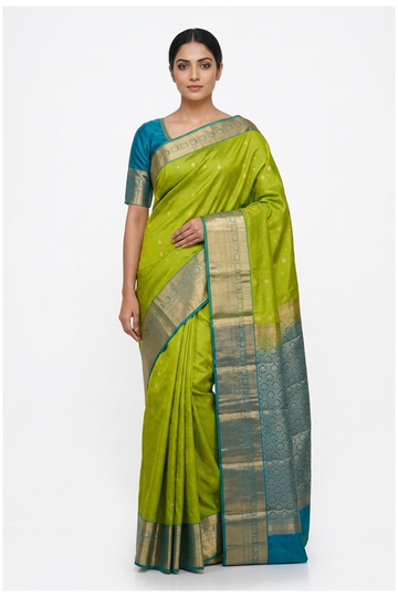 Lime Green Pure Silk South Saree With Teal Blue Pallu For Wedding & Party