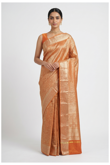 Russet Orange Banarasi Silk Saree With Jaal Weaving