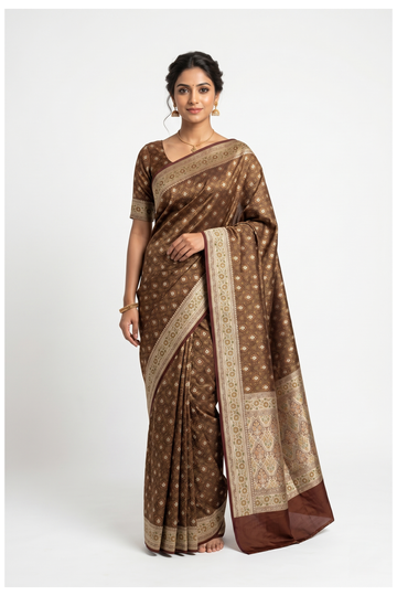 Deep Brown Banarasi Silk Saree With Weaving, Hand Work
