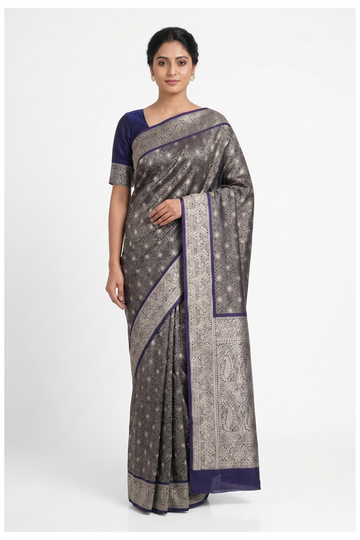 Midnight Blue Banarasi Silk Saree With Weaving