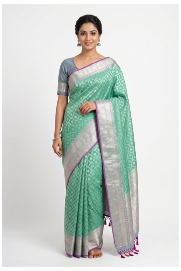 Mint Green Banarasi Art Silk Wedding Party Wear Saree