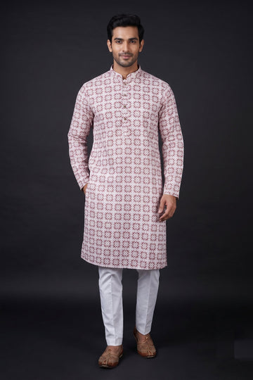Rose Pink Printed Ethnic Kurta For Men
