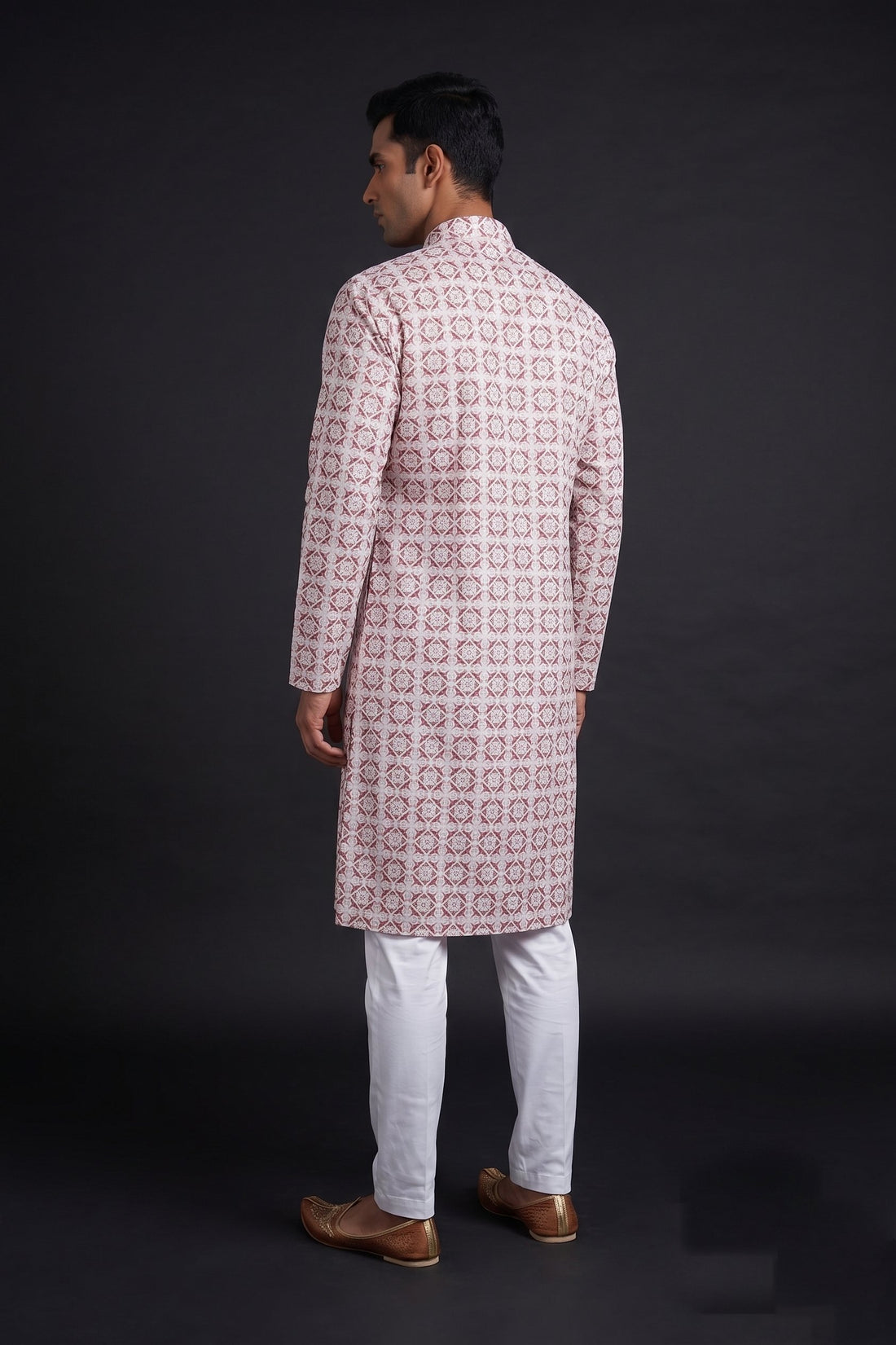 Rose Pink Printed Ethnic Kurta For Men