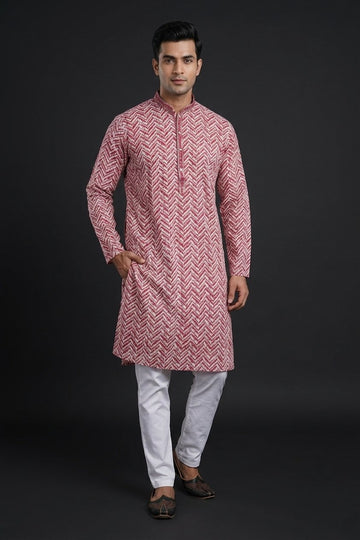 Crimson Chevron Printed Festive Kurta For Men