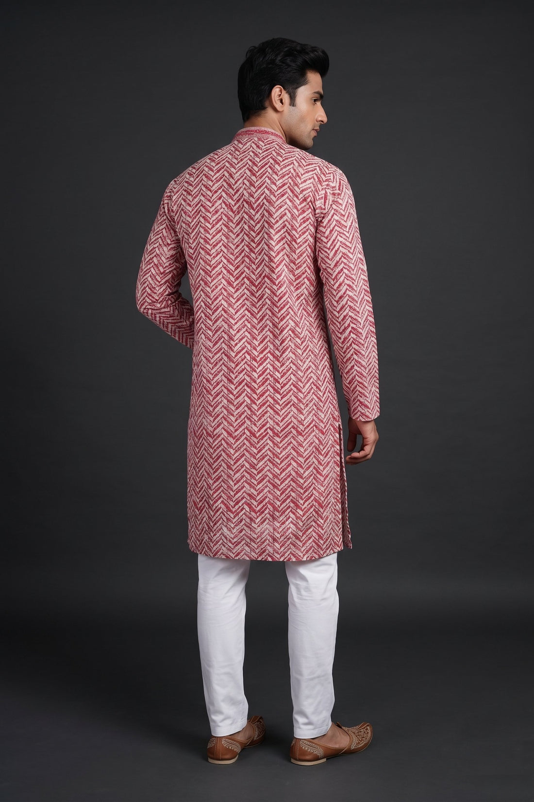 Crimson Chevron Printed Festive Kurta For Men