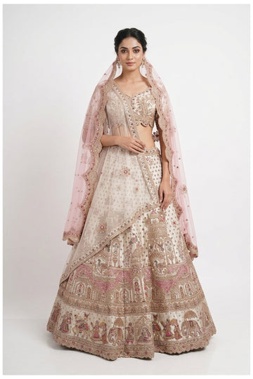 Ivory Pink Heritage Embroidered Bridal Lehenga Choli With Net Dupatta