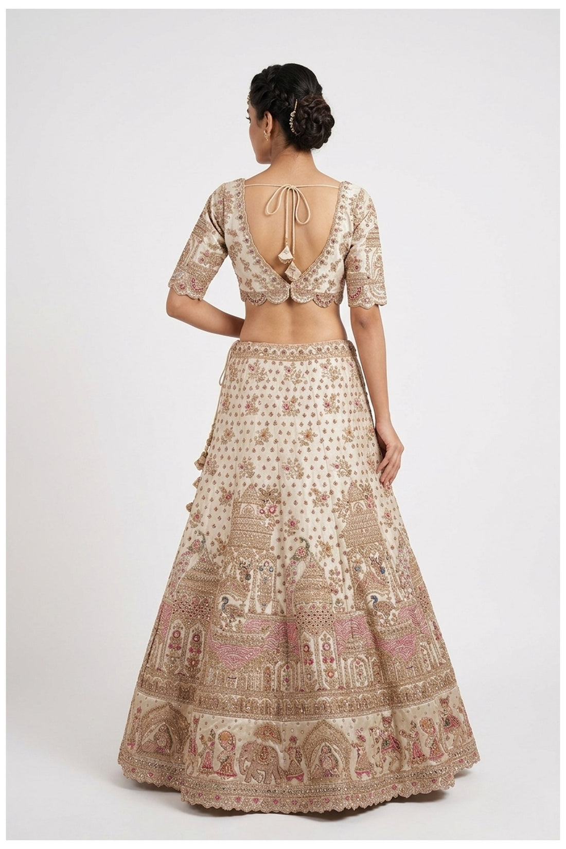Ivory Pink Heritage Embroidered Bridal Lehenga Choli With Net Dupatta