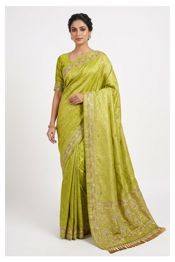 Glossy Lime Green Banarasi Silk Saree With Weaving