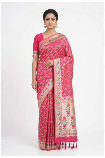 Rani Pink Banarasi Silk Saree With Weaving