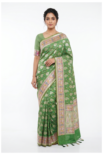 Lime Green Banarasi Silk Saree With Weaving, Hand Work