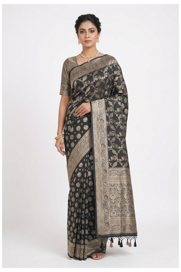 Black Pure Banarasi Silk Saree With Floral Jaal & Zari Butta Weaving