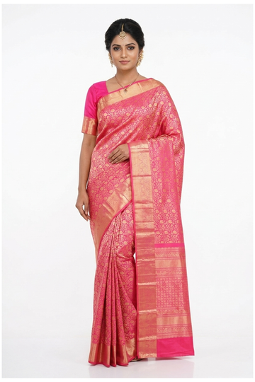 Rani Pink Pure Silk South Saree For Wedding & Party Wear