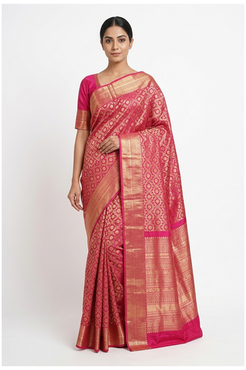 Rani Pink Pure South Silk Wedding And Party Wear Saree