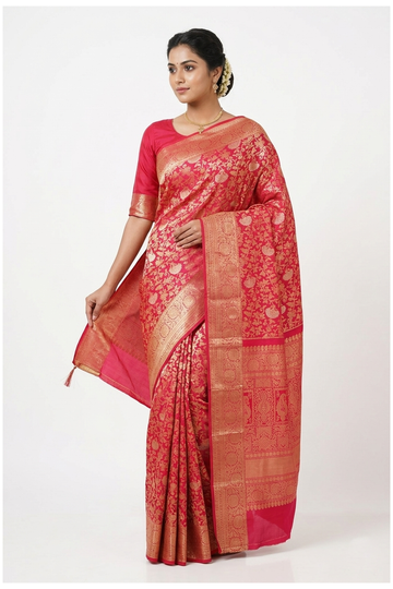 Rani Pink Pure Silk South Saree For Wedding & Party Wear