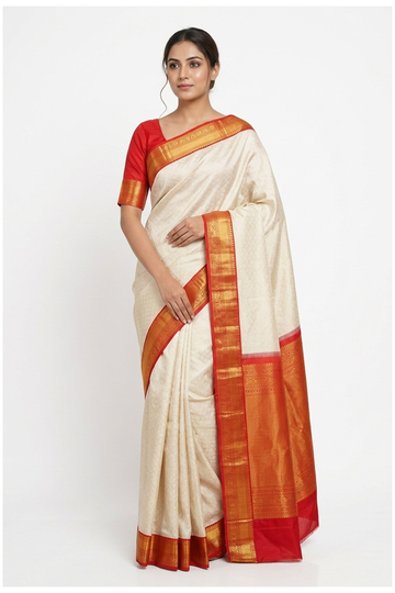 Ivory Pure Silk South Saree For Weddings & Parties